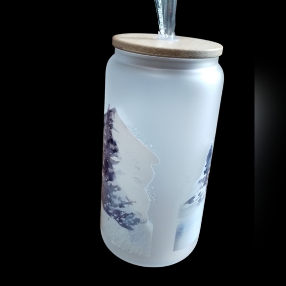 New handmade UVDTF White X-mas - Frosted Glass‎ Cup with Bamboo Lid & Straw - Picture 4 of 10